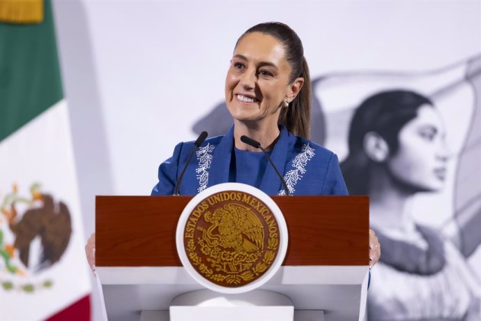 February 19, 2025, Mexico City, Df, Mexico: Mexican President Claudia Sheinbaum, listens to a question from a reporter during the daily news conference at the Treasury Hall of the National Palace, February 19, 2025 in Mexico City, Mexico. Sheinbaum commen