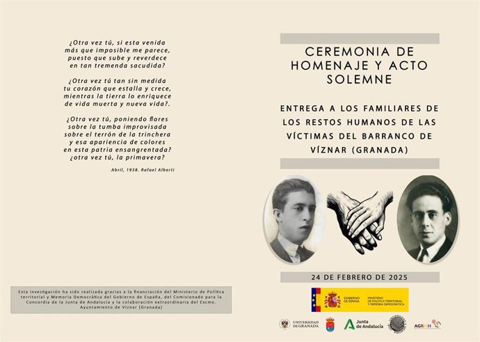 Díptico del acto de entrega a sus familiares de los restos de dos represaliados exhumados en el Barranco de Víznar.