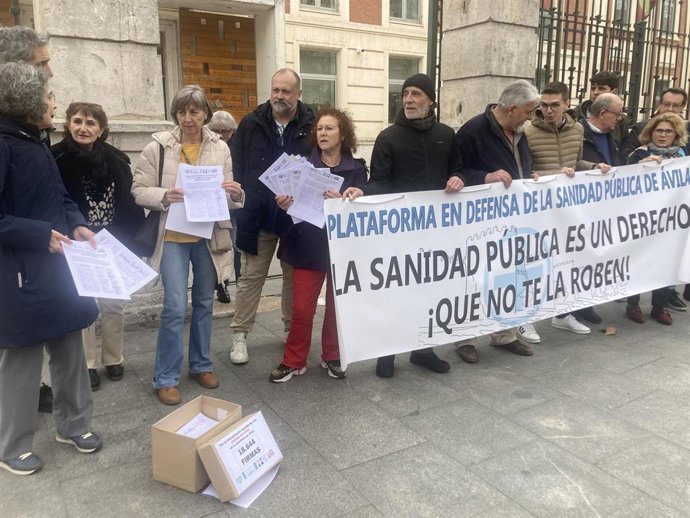 Integrantes de la Plataforma por la Sanidad Pública de Ávila, antes de entregar más de 18.000 firmas en la Consejería de Sanidad.