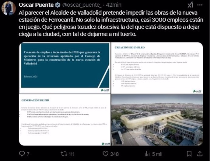 Mensaje de Óscar Puente sobre el proyecto de la estación del ferrocarril.