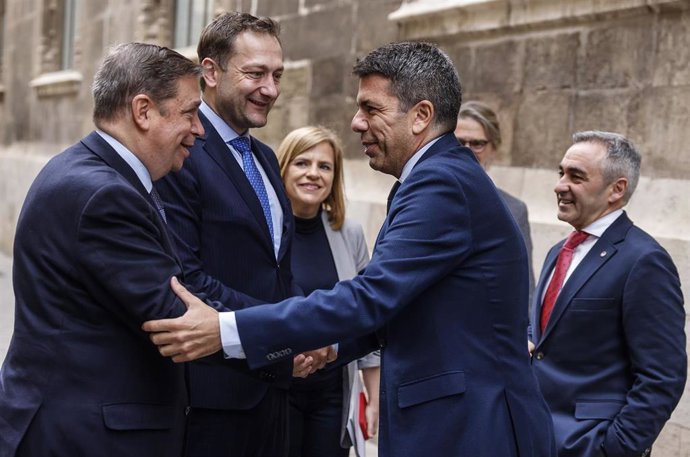 El presidente de la Generalitat, Carlos Mazón; al comisario europeo de Agricultura, Cristophe Hansen; el ministro de Agricultura, Luis Planas; la delegada del Gobierno, Pilar Bernabé, y conseller de Agricultura, Miguel Barrachina, antes de reunirse
