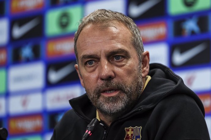 Hansi Flick, head coach of FC Barcelona attends his press conference during the training day of FC Barcelona ahead the Spanish League, La Liga EA Sports, football match against UD Las Palmas at Ciudad Esportiva Joan Gamper on February 21, 2025 in Sant Joa