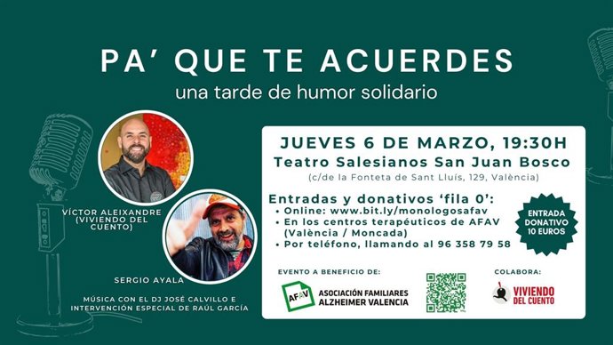 AFAV organiza una tarde de "humor solidario" para captar recursos destinados a proyectos para el alzhéimer