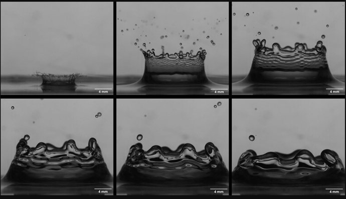 Os engenheiros do MIT gravaram vídeos em alta velocidade de gotículas caindo em uma piscina profunda para acompanhar a evoluo do fluido, quadro a quadro de milissegundos.