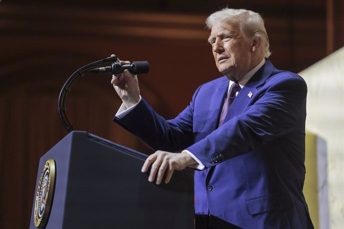 February 20, 2025, Washington, District Of Columbia, USA: US President Donald J. Trump addresses the Republican Governors Association meeting at the National Building Museum in Washington, DC, USA, 20 February 2025