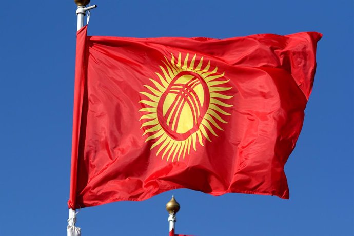 Archivo - June 9, 2024, Saint Petersburg, Russia: The flag of the Kyrgyz Republic (Kyrgyzstan) seen in the gallery of flags of the participating countries in the framework of St. Petersburg International Economic Forum 2024