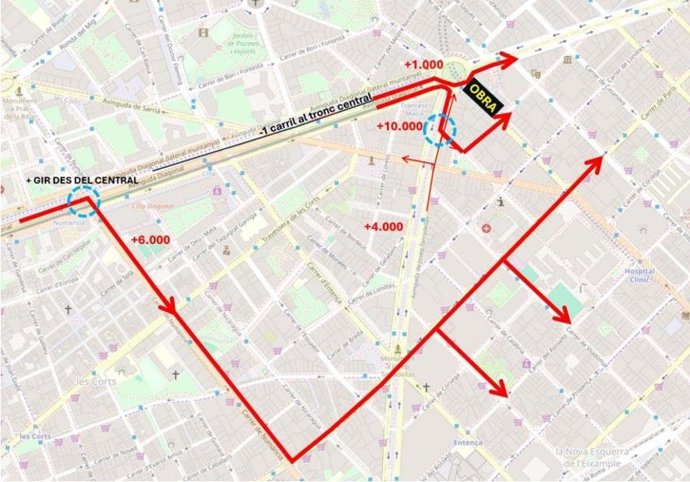 Mapa de nuevos itinerarios para entrar en el Eixample por el cierre al tráfico de la calle Compte Urgell entre la plaza Francesc Macià y la calle Buenos Aires