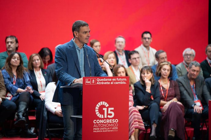O Presidente do Governo, Pedro Sánchez, durante seu discurso no 15º Congresso Autônomo do PSOE realizado em Palencia.