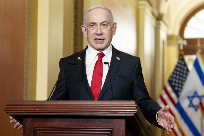7 de fevereiro de 2025, Washington, Distrito de Colúmbia, EUA: BENJAMIN NETANYAHU (também conhecido como BIBI NETANYAHU) discursando no Capitólio dos EUA.