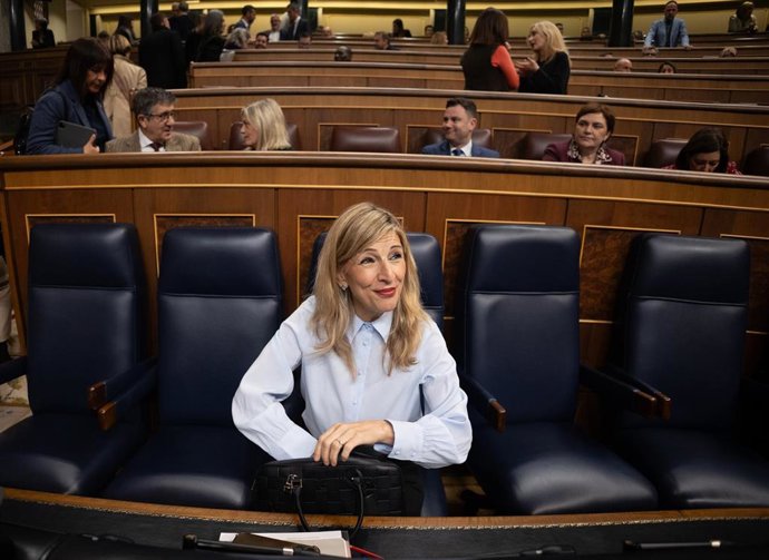 La vicepresidenta segunda y ministra de Trabajo y Economía Social, Yolanda Díaz, a su llegada a un pleno en el Congreso de los Diputados, a 19 de febrero de 2025, en Madrid (España). 