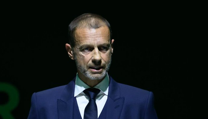 24 January 2025, Saxony, Leipzig: President of UEFA Aleksander Ceferin speaks on stage during the 125th anniversary of the German Football Association (DFB) at the Congress Hall of Leipzig Zoo. Photo: Hendrik Schmidt/dpa