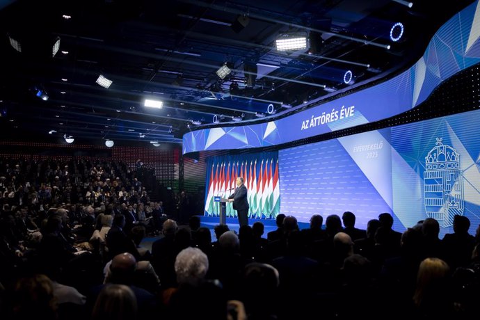 BUDAPEST, Feb. 23, 2025  -- This photo released by the Hungarian Prime Minister's Press Office shows Prime Minister Viktor Orban speaking in his state-of-the-nation address (SONA) in Budapest, Hungary, Feb. 22, 2025.   Hungarian Prime Minister Viktor Orba