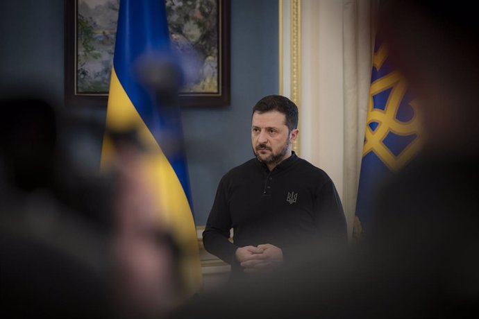 February 19, 2025, Kiev, Kyiv Oblast, Ukraine: Ukrainian President Volodymyr Zelenskyy listens to a question during a press briefing on the change in U.S position supporting Ukraine against the Russian invasion, at the Mariinskyi Palace, February 19, 2025