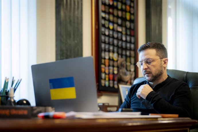 February 21, 2025, Kiev, Kyiv Oblast, Ukraine: Ukrainian President Volodymyr Zelenskyy, listens to Swedish Prime Minister Ulf Kristersson during a video conference meeting from the Mariinskyi Palace, February 21, 2025 in Kiev, Ukraine.