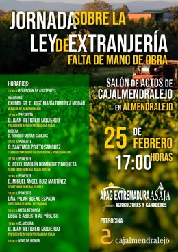 Cartel de unas jornadas sobre la Ley de Extranjería y falta de mano de obra en el campo
