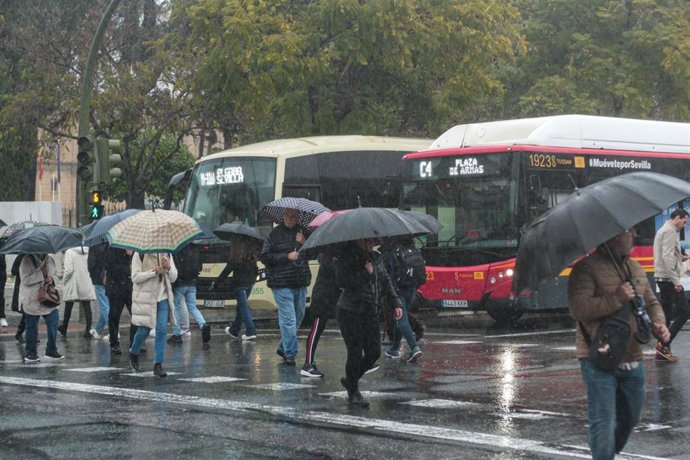 Archivo - Imagen de archivo de varias personas que se protegen de la lluvia con paraguas. A 9 de febrero de 2024, en Sevilla (Andalucía, España). 
