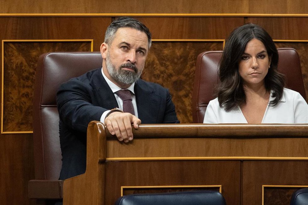 Archivo - El líder de VOX, Santiago Abascal y la portavoz de VOX en el Congreso, Pepa Millán, durante una sesión plenaria
