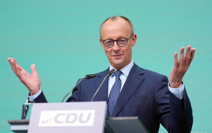 24 February 2025, Berlin: Friedrich Merz, Christian Democratic Union of Germany (CDU) federal chairman and CDU/CSU parliamentary group leader in the Bundestag, speaks at a press conference after the CDU executive committee meeting. Photo: Michael Kappeler