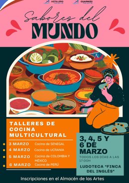Cartel de los talleres de cocina multicultural en Astillero