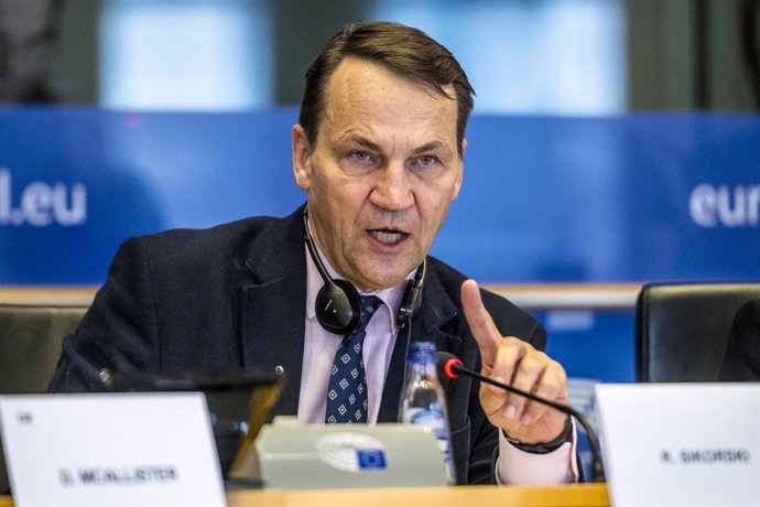 February 19, 2025, Brussels, Bxl, Belgium: Polish Foreign Minister Radosław Sikorski  during a session of the European Parliament's Foreign Affairs Committee (AFET) in Brussels, Belgium, on Wednesday, 19.02.2025. Sikorski presented the priorities of Polan