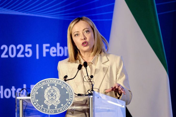 A primeira-ministra Giorgia Meloni por ocasio do Fórum de Negócios Itália-Emirados Árabes Unidos. Hotel Parco dei Principi em Roma, segunda-feiraì 24 de fevereiro de 2025 (foto Mauro Scrobogna / LaPresse) ... A primeira-ministra Giorgia Meloni por