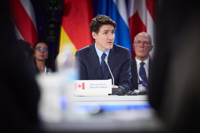 February 24, 2025, Kiev, Kyiv Oblast, Ukraine: Canadian Prime Minister Justin Trudeau comments during the annual Support Ukraine plenary session on the 3rd anniversary of the Russian invasion, February 24, 2025 in Kiev, Ukraine.