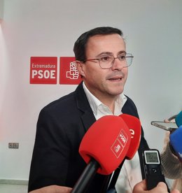 El secretario general del PSOE extremeño, Miguel Ángel Gallardo, en declaraciones a los medios con motivo de una reunión en Mérida con el Comité de Empresa de la Central de Almaraz