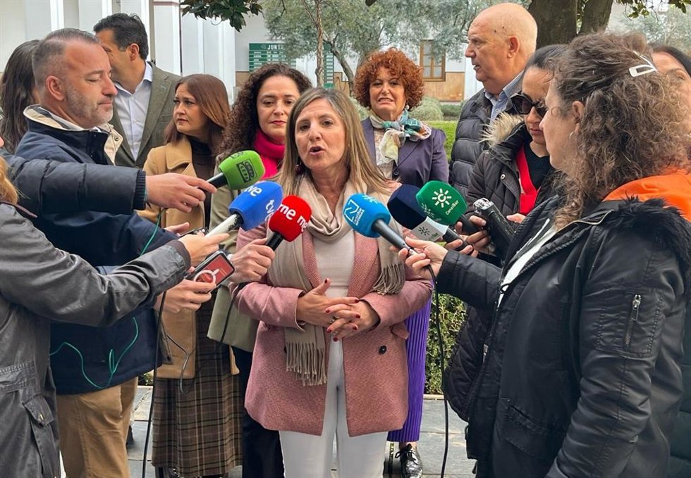 La secretaria de Coordinación Interparlamentaria del PSOE-A, Irene García, atiende a los medios en el Parlamento andaluz en el marco de un encuentro de la Plataforma Andaluza por la Mayoría Social.