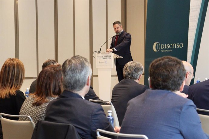 Archivo - El presidente de Vox, Santiago Abascal, inaugura un foro de la Fundación Disenso y Heritage.