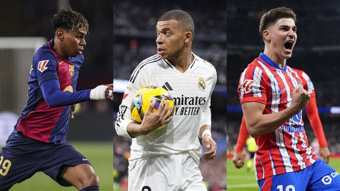 Jogadores de futebol Lamine Yamal (FC Barcelona), Kylian Mbappé (Real Madrid) e Julián Álvarez (Atlético de Madri).