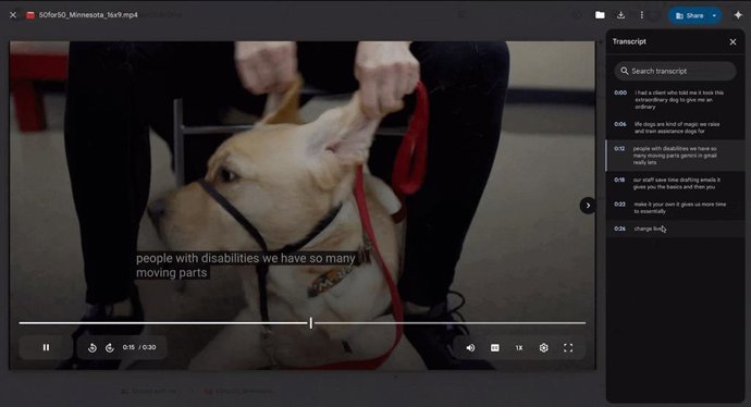 Função de transcrição de vídeo no Google Drive.