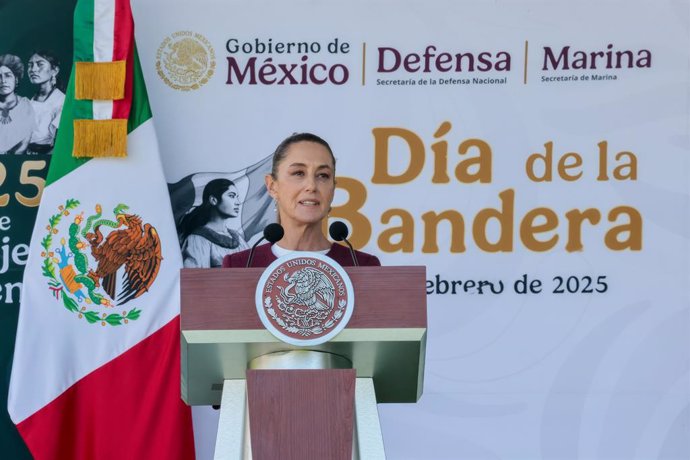 February 24, 2025, Mexico City, Df, Mexico: Mexican President Claudia Sheinbaum, delivers remarks during Flag Day celebrations at Campo Marte, February 24, 2025 in Mexico City, DF, Mexico.