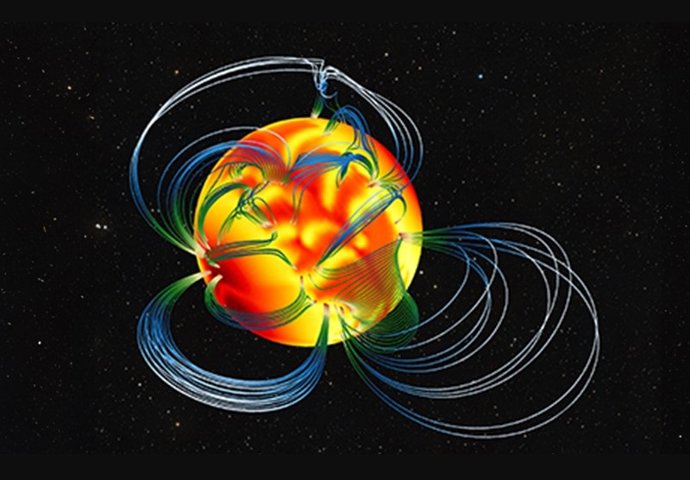 Um magnetar simulado com linhas de campo magnético e temperatura de superfície.
