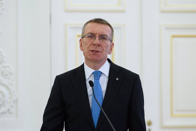 February 9, 2025, Vilnius, Lithuania: President of Latvia Edgars Rinkevics gives a statement at the Presidential palace in Vilnius, Lithuania Official ceremonies marking Baltic Energy Independence Day took place in Vilnius, attended by the presidents of L