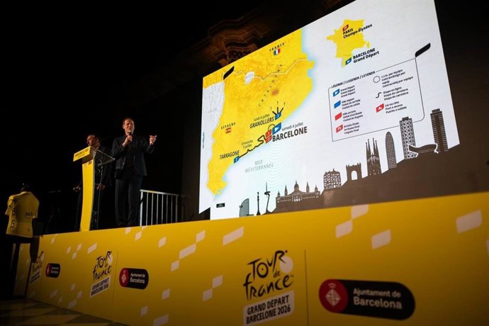 O diretor geral do Tour de France, Christian Prudhomme, na apresentação do "Grand Départ" do Tour 2026 na Llotja de Mar, em Barcelona.
