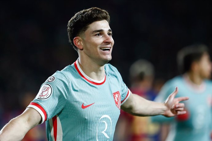 Julian Alvarez of Atletico de Madrid celebrates a goal during the Spanish Cup, Copa del Rey, semi-final football match played between FC Barcelona and Atletico de Madrid at Estadi Olimpic Lluis Companys on February 25, 2025 in Barcelona, Spain.