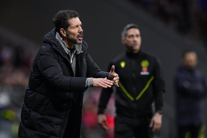 Diego Pablo "Cholo" Simeone, head coach of Atletico de Madrid, gestures during the Copa del Rey Quarter Final match between Atletico de Madrid and Getafe CF at Riyadh Air Metropolitano stadium on February 4, 2025, in Madrid, Spain.