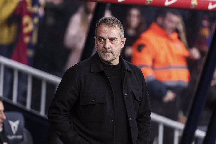 Hansi Flick, head coach of FC Barcelona looks on during the Spanish Cup, Copa del Rey, semi-final football match played between FC Barcelona and Atletico de Madrid at Estadi Olimpic Lluis Companys on February 25, 2025 in Barcelona, Spain.