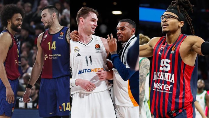 Los jugadores de baloncesto Jabari Parker y Willy Hernangómez (Barça), Mario Hezonja y Xavier Rathan-Mayes (Real Madrid), y Chima Moneke (Baskonia), en Euroliga.