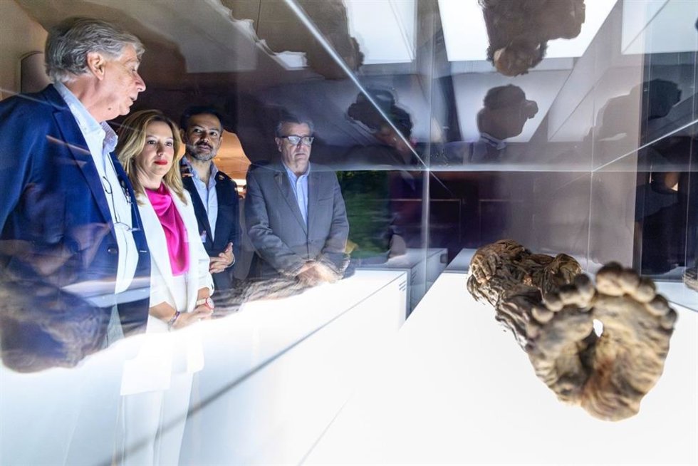 La presidenta del Cabildo de Tenerife y el vicepresidente, Rosa Dávila y Lope Afonso, respectivamente, junto a la réplica de la momia de Erque en el MUNA