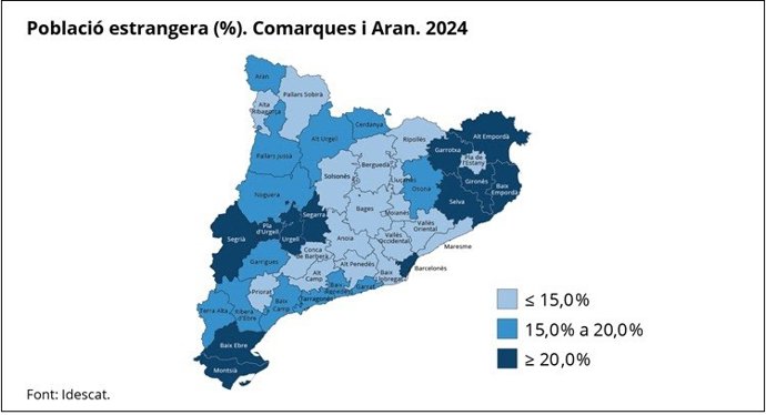 Mapa del porcentaje de población extranjera según comarca.