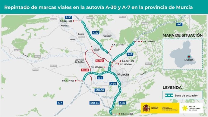 Mapa que muestra las actuaciones a ejecutar en las autovías A-30 y A-7