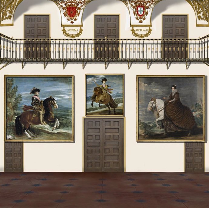 Recreaciones del testero de entrada (sureste) del Salón de Reinos después de la ampliación de los retratos de los reyes