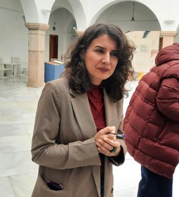 La portavoz de Unidas por Extremadura, Irene de Miguel, atiende a los medios en Mérida
