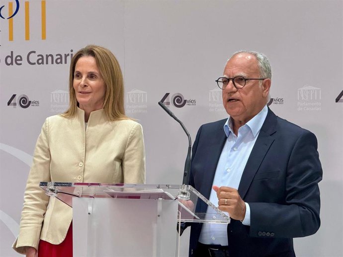 Archivo - El portavoz de ASG en el Parlamento, Casimiro Curbelo, junto a la portavoz del PP, Luz Reverón, para informar sobre el dictamen de la comisión de reto demográfico