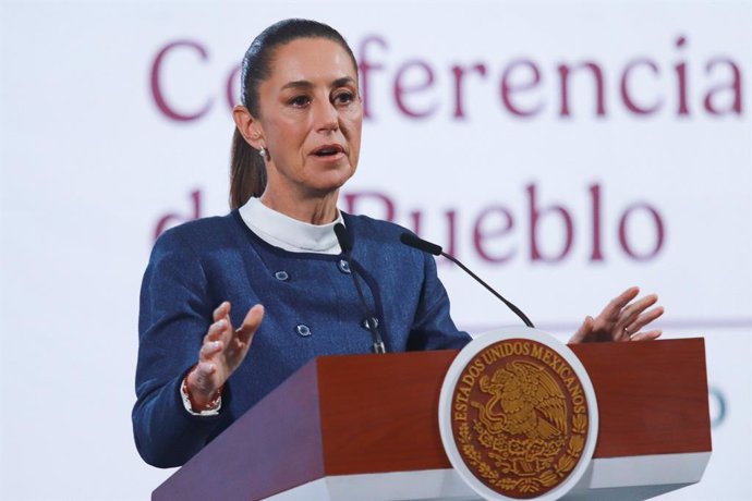 February 26, 2025, Mexico City, Cdmx, Mexico: Mexico's President,  Claudia Sheinbaum Pardo speaking during a briefing conference about the National Road Infrastructure Program and the reform against nepotism and no reelection held at the National Palace. 