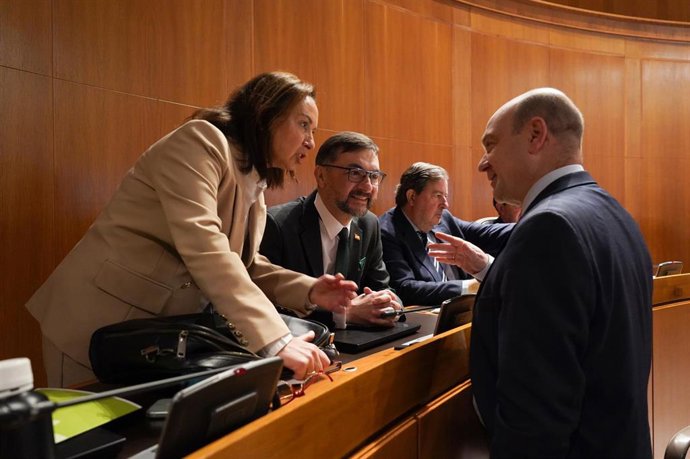El portavoz parlamentario de VOX en las Cortes de Aragón, Santiago Morón, y otros diputados de este partido en el hemiciclo de las Cortes de Aragón.