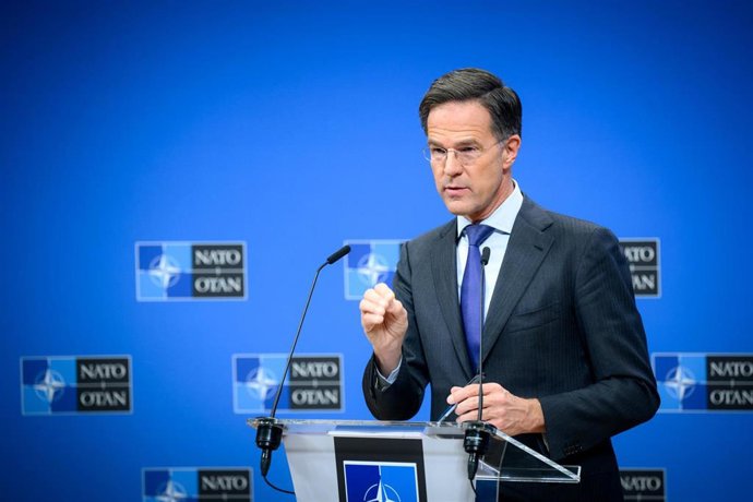 Archivo - El secretario general de la OTAN, Mark Rutte, en una rueda de prensa desde la sede de la organización en Bruselas.