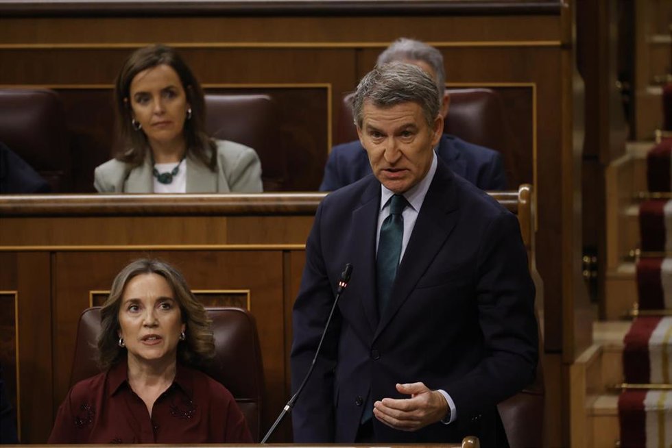 La secretaria general del PP, Cuca Gamarra y el presidente del PP, Alberto Núñez Feijóo, durante una sesión de control al Gobierno en el Congreso de los Diputados, a 26 de febrero de 2025, en Madrid (España).