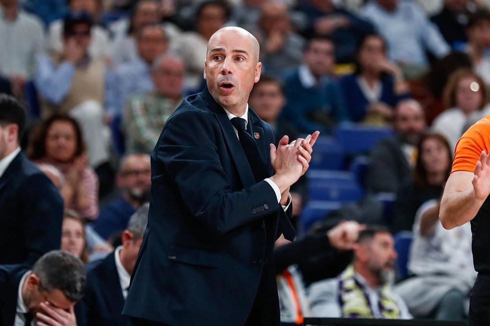 Joan Penarroya of FC Barcelona gestures during the Turkish Airlines EuroLeague Regular Season Round 27 match between Real Madrid and FC Barcelona at Movistar Arena on February 27, 2025 in Madrid, Spain.